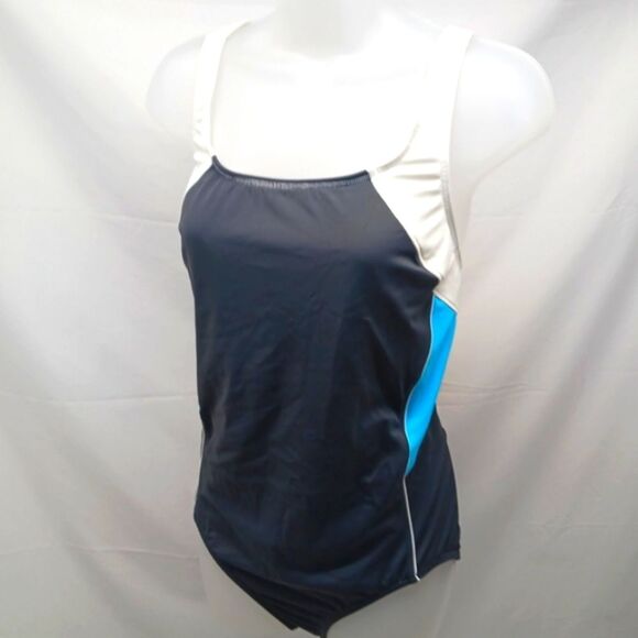 Lands' End Women's  Tugless X-Back One Piece Swimsuit 14/DDD. Grey/Blue/White... - Picture 1 of 11